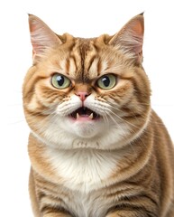 Obraz premium A chubby Munchkin cat with a fierce expression, wide green eyes, and tiny fangs showing. Its short legs and fluffy fur add to its unique and adorable yet intense look, making it truly captivating