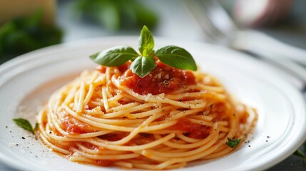 Classic Italian Spaghetti with Tomato Sauce and Fresh Basil Garnish