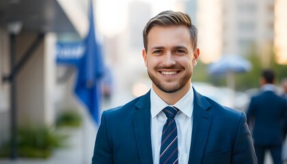 Fototapeta premium Professional in the City: A handsome businessman in a sharp suit and tie exudes confidence and approachability as he smiles warmly, set against the backdrop of a vibrant cityscape. 