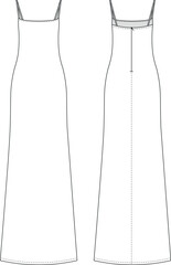 sleeveless strapped strappy spaghetti straps square neck zippered a line ling maxi dress template technical drawing flat sketch cad mockup fashion woman design style model 

