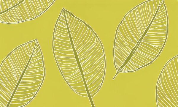 Leafy Surface White-lined olive green leaves pattern on solid chartreuse background, plant design