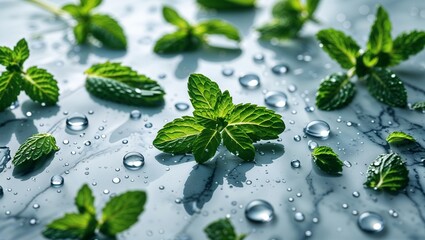 ミントの爽快なひととき：水滴が煌めくフレッシュハーブ