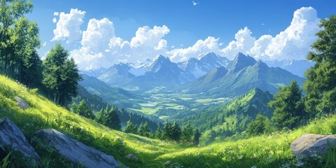 Naklejka premium Snow-capped mountains rise majestically against a vivid azure sky, dotted with wispy white clouds. Peaks stretch into the horizon, bathed in serene light