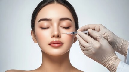 Fototapeta premium Young asian woman is getting filler her face,getting her lip filler by Plastic surgeon,Woman face being checked doctor hands to cosmetic surgery,rhinoplasty surgery in clinic.