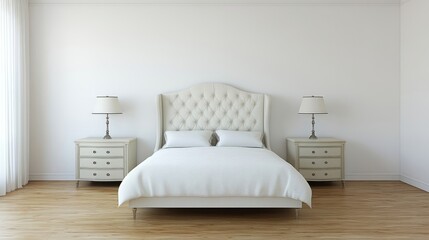 Elegant white bedroom with bed, lamps, nightstands, and wood floor