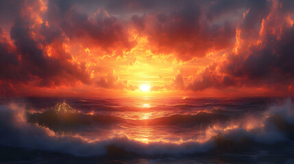 Fototapeta premium Fiery Sunset Ocean Illustration