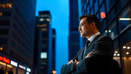 Fototapeta premium Visionary City Executive: A confident business executive stands amidst towering skyscrapers, a striking portrait of ambition and urban leadership, envisioning success in the vibrant city