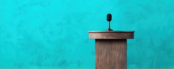 Wooden Podium with Microphone Against Turquoise Wall Background