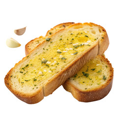 Slices of garlic bread topped with herbs and butter, showcasing a delicious and appetizing appearance isolated on transparent background.