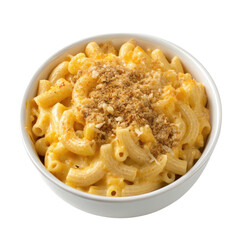 Creamy macaroni and cheese topped with breadcrumbs in a white bowl isolated on transparent background.