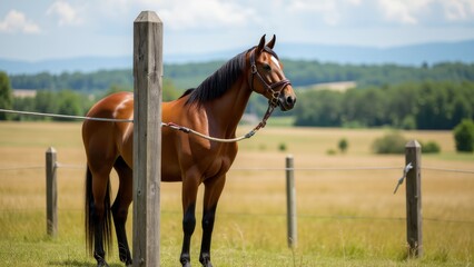 A horse stands tied to a hitching post in a grassy field with a scenic background.