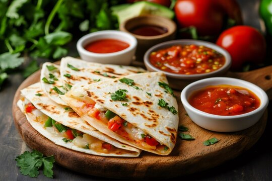 Delicious quesadillas with vegetables and cheese filling served with various spicy sauces - Powered by Adobe