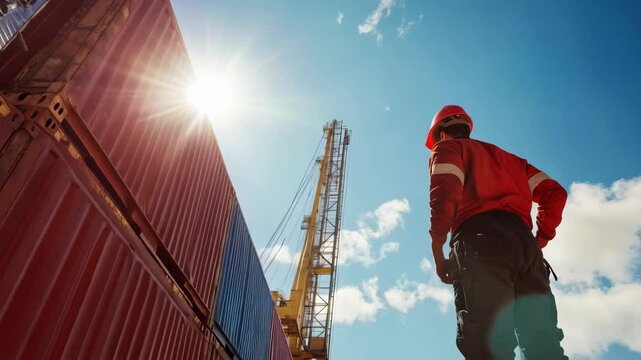 A bustling port scene, with cargo containers being loaded or unloaded by big cranes. Dynamic industrial concept.