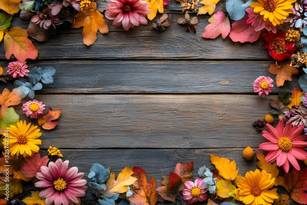 Poster autumn floral frame creating copy space on rustic wooden background