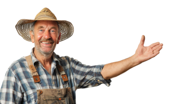 Smiling farmer showing something with open hand on transparent background