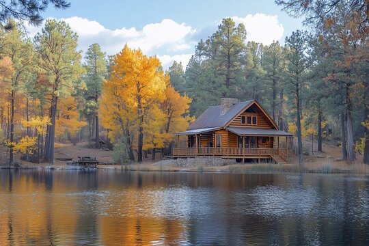 Autumn Cabin by the Lake
