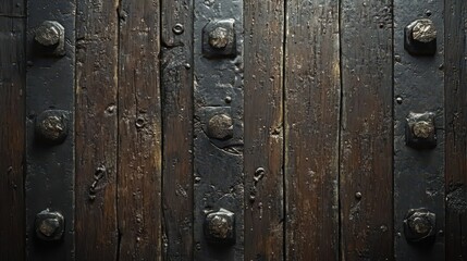 Fototapeta premium Dark brown wood planks with large, aged metal bolts. Perfect for rustic, vintage, or historical designs.