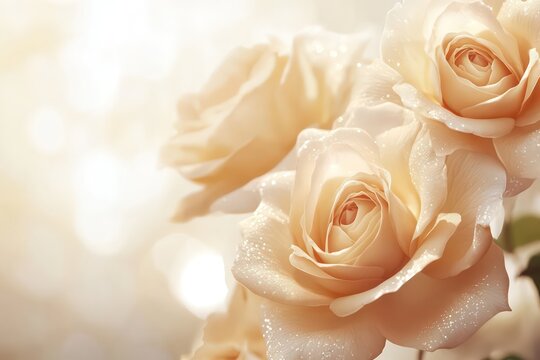 Fototapeta A soft and elegant wallpaper featuring pastel golden roses with subtle diamond shimmer, set against an ivory background.