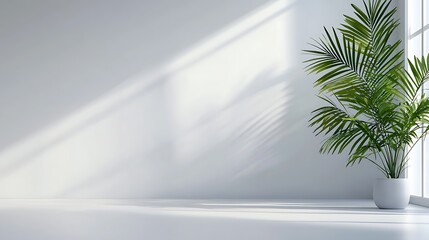 Minimalist white room with natural light and a potted plant