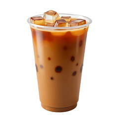 Bubble tea in transparent plastic cup with tapioca pearls and ice cubes isolated on white or transparent png. Brown milk tea with boba balls. Cold creamy caramel colored beverage with black tapioca pe