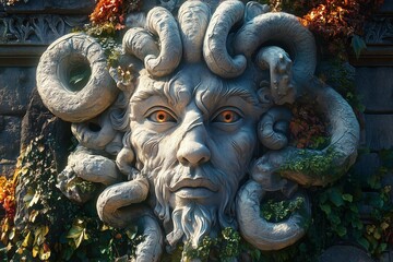 Naklejka premium Medusa Stone Sculpture with Ivy