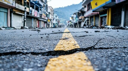 Fototapeta premium A street featuring a prominent yellow line with cracked pavement in the aftermath of an earthquake disaster scene