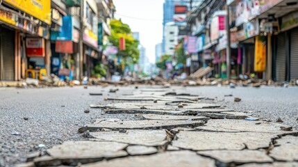Naklejka premium A street scene featuring a broken sidewalk in the aftermath of an earthquake with visible damage to infrastructure