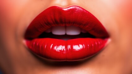 Obraz premium Juicy lips with vibrant red lipstick, slightly parted to reveal white teeth