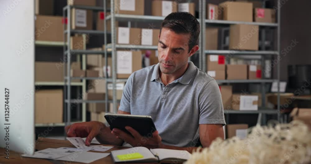 Poster tablet, computer and man in warehouse for logistics stock with cardboard boxes on shelf. digital tec
