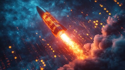 A bold rocket launch made from a glowing upward financial graph, golden coins transforming into radiant trails of light, surrounded by clouds and a dramatic cosmic backdrop, hyper-detailed,