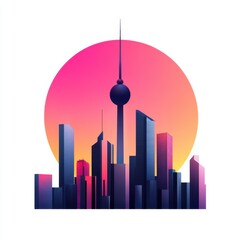 Obraz premium Modern City Skyline with Colorful Sunset Background and Silhouettes