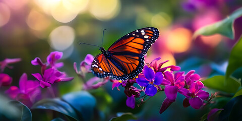 Obraz premium Vibrant orange butterfly rests upon purple and pink wildflowers in a lush garden setting with bokeh.