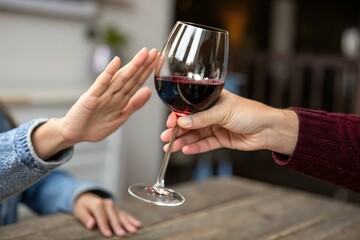 person refuse wine glass offer. Alcohol rejection