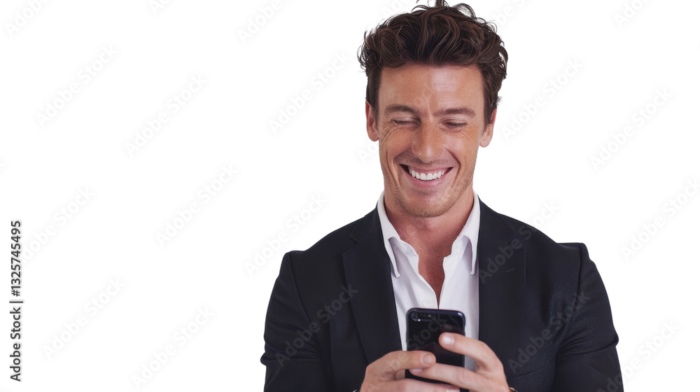 Poster smiling businessman using smartphone with transparent background