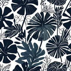 Tropical Leaves Seamless Pattern: Dark Navy Blue Botanical Illustration on White Background