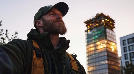 Obraz premium Construction Worker Selfie Modern Building Cityscape Progress