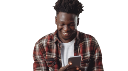 Cheerful young man using smartphone on transparent background