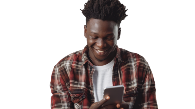 Cheerful young man using smartphone on transparent background