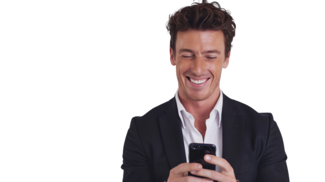 Smiling businessman using smartphone with transparent background - Powered by Adobe