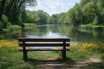Obraz premium Scenic view of Fox River with lush greenery, wildflowers, and an empty wooden bench overlooking the calm reflective water. Peaceful nature landscape for relaxation and contemplation.