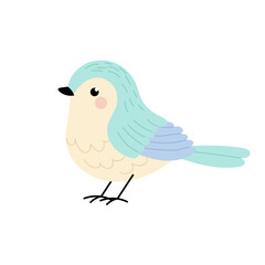 Cute spring bird in blue pastel colors. Adorable small bird. Flat illustration on white background. Spring.