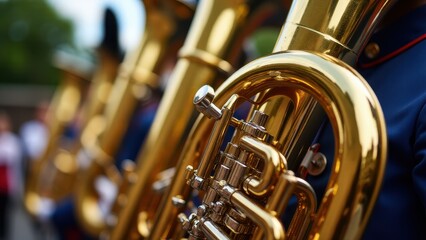 Close-up of a marching band tuba with shiny brass details, highlighting the intricate valves and tubing.