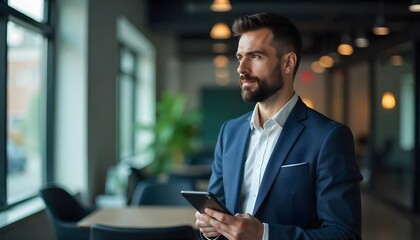 The Visionary: A sharply dressed man in a business suit stands in a modern office, holding a tablet. Focused, he gazes into the distance, ready to conquer the challenges ahead.