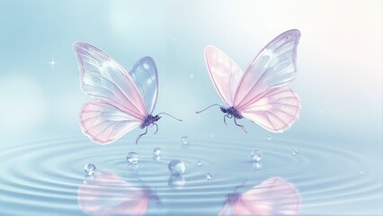 Generative A.I. creates a dreamlike scene of two ethereal butterflies with translucent wings hovering over a rippling water surface, reflecting light in a serene, magical atmosphere