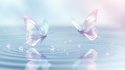 Generative A.I. creates a dreamlike scene of two ethereal butterflies with translucent wings hovering over a rippling water surface, reflecting light in a serene, magical atmosphere