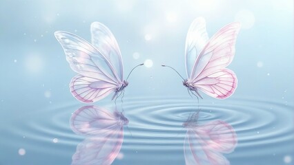 Generative A.I. creates a dreamlike scene of two ethereal butterflies with translucent wings hovering over a rippling water surface, reflecting light in a serene, magical atmosphere