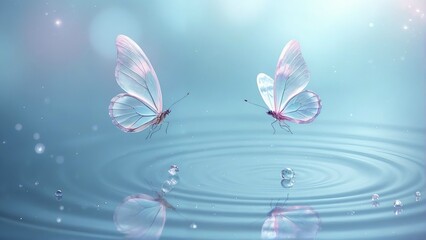 Generative A.I. creates a dreamlike scene of two ethereal butterflies with translucent wings hovering over a rippling water surface, reflecting light in a serene, magical atmosphere
