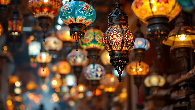 A collection of beautifully crafted Ramadan lanterns hanging in a traditional market,  23