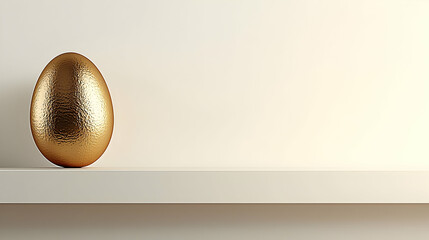 Fototapeta premium Golden egg on white shelf, minimalist background, Easter concept