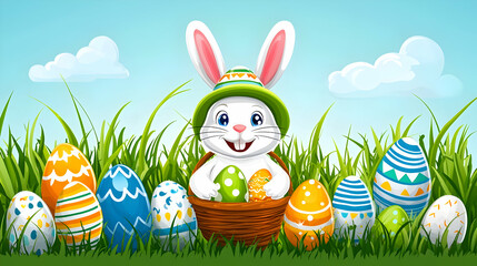 Happy Easter bunny holding eggs in grass